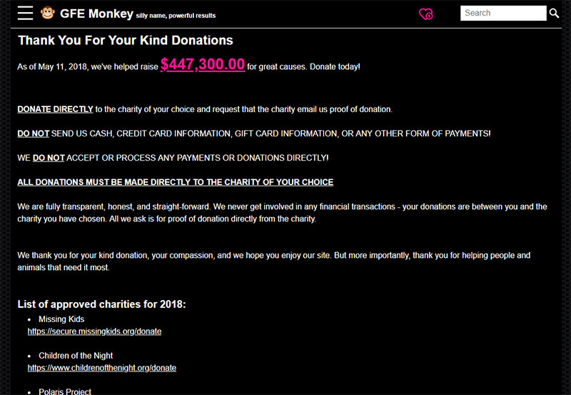 Donations page on GFEMonkey.com
