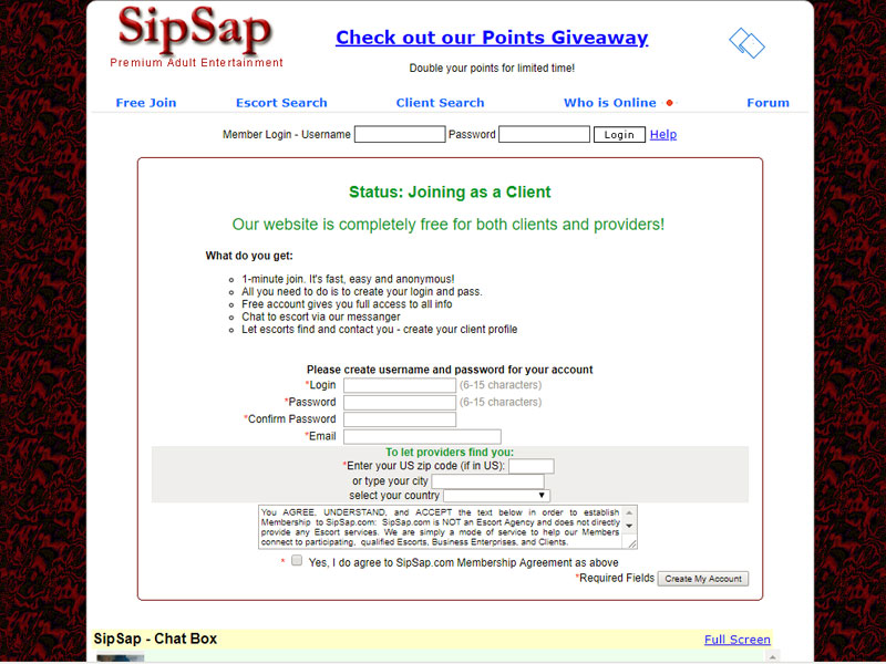 Sipsap.com reg page