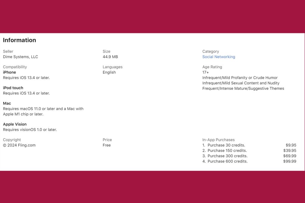 Fling in-app purchases details